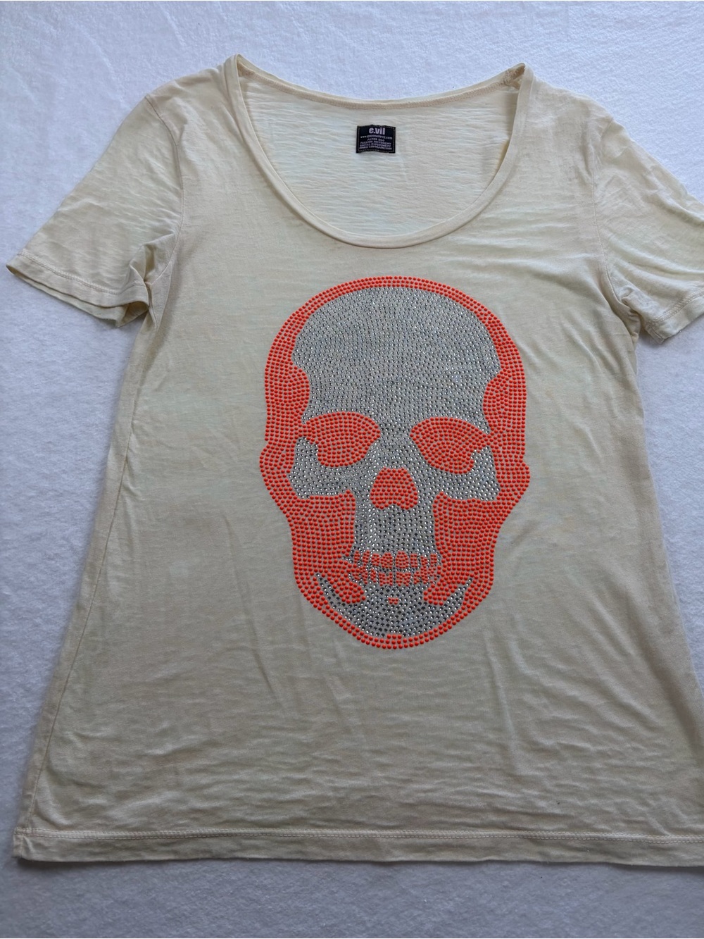 E.Vil Cream‎ Short Sleeve Skull Tee with Orange & Silver Stud Detail